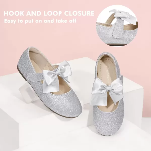 imagePANDANINJIA Toddler Dress Shoes Bowknot Mary Jane Shoes Girls Ballet Flats for Kids Wedding Party Uniform Church ShoesJ Silver Glitter