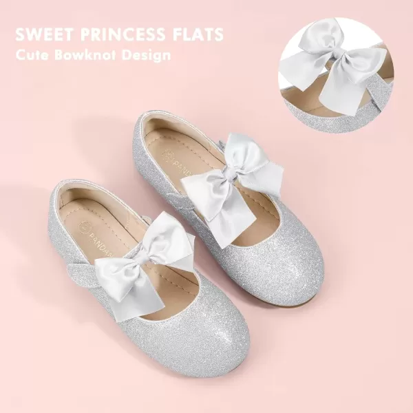 imagePANDANINJIA Toddler Dress Shoes Bowknot Mary Jane Shoes Girls Ballet Flats for Kids Wedding Party Uniform Church ShoesJ Silver Glitter