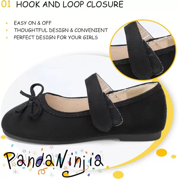 imagePANDANINJIA Toddler Dress Shoes Bowknot Mary Jane Shoes Girls Ballet Flats for Kids Wedding Party Uniform Church ShoesL Black Suede