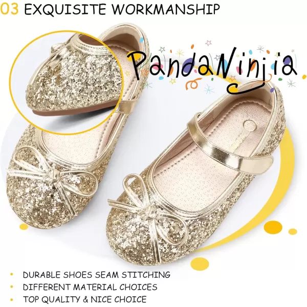 imagePANDANINJIA Toddler Dress Shoes Bowknot Mary Jane Shoes Girls Ballet Flats for Kids Wedding Party Uniform Church ShoesL Gold Sequin