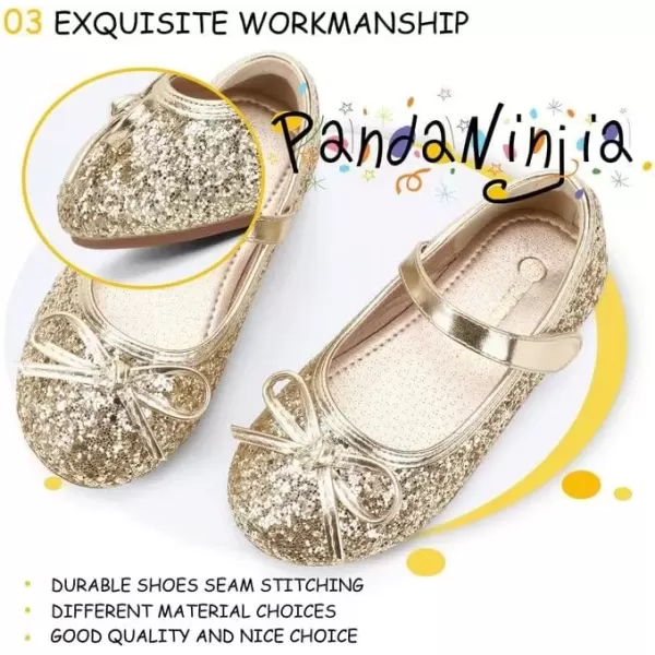 imagePANDANINJIA Toddler Dress Shoes Bowknot Mary Jane Shoes Girls Ballet Flats for Kids Wedding Party Uniform Church ShoesL Gold Sequin
