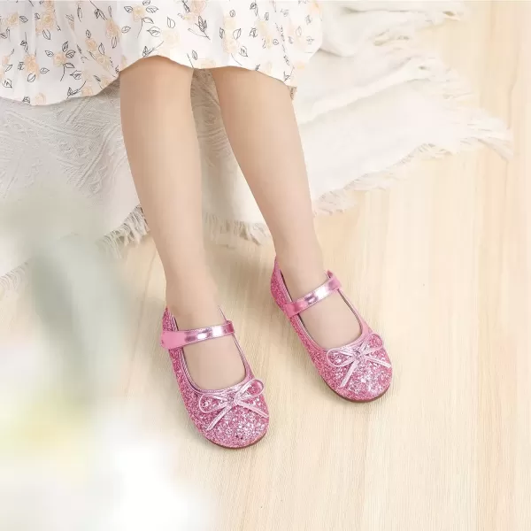 imagePANDANINJIA Toddler Dress Shoes Bowknot Mary Jane Shoes Girls Ballet Flats for Kids Wedding Party Uniform Church ShoesL Pink Sequin