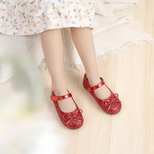 imagePANDANINJIA Toddler Dress Shoes Bowknot Mary Jane Shoes Girls Ballet Flats for Kids Wedding Party Uniform Church ShoesL Red Sequin