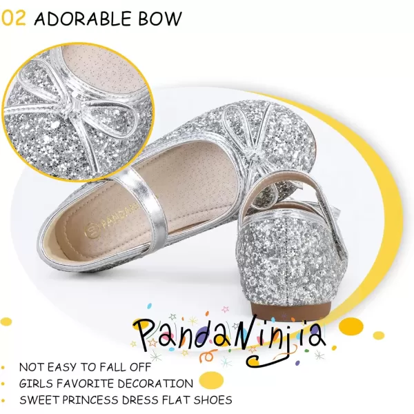 imagePANDANINJIA Toddler Dress Shoes Bowknot Mary Jane Shoes Girls Ballet Flats for Kids Wedding Party Uniform Church ShoesL Silver Sequin