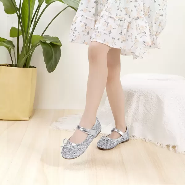 imagePANDANINJIA Toddler Dress Shoes Bowknot Mary Jane Shoes Girls Ballet Flats for Kids Wedding Party Uniform Church ShoesL Silver Sequin