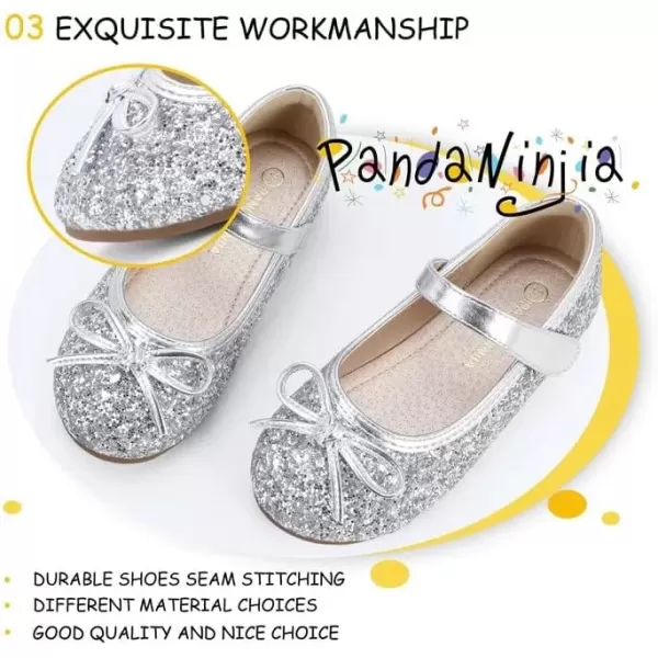 imagePANDANINJIA Toddler Dress Shoes Bowknot Mary Jane Shoes Girls Ballet Flats for Kids Wedding Party Uniform Church ShoesL Silver Sequin