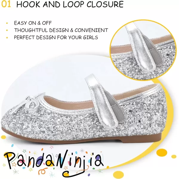 imagePANDANINJIA Toddler Dress Shoes Bowknot Mary Jane Shoes Girls Ballet Flats for Kids Wedding Party Uniform Church ShoesL Silver Sequin