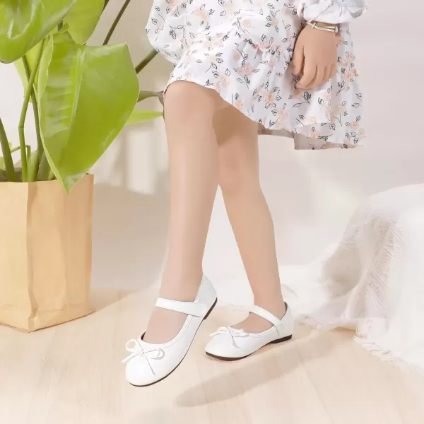 imagePANDANINJIA Toddler Dress Shoes Bowknot Mary Jane Shoes Girls Ballet Flats for Kids Wedding Party Uniform Church ShoesL White Pu