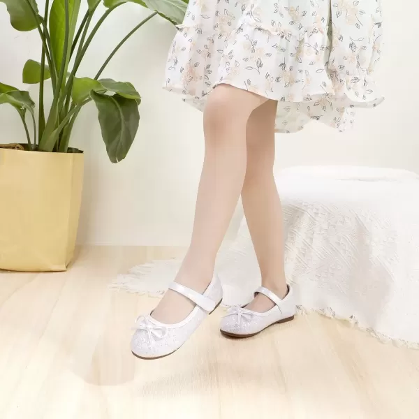 imagePANDANINJIA Toddler Dress Shoes Bowknot Mary Jane Shoes Girls Ballet Flats for Kids Wedding Party Uniform Church ShoesL White Sequin