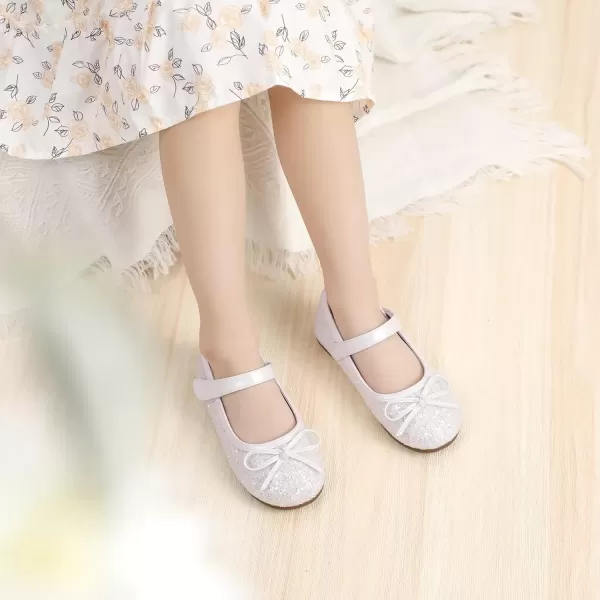 imagePANDANINJIA Toddler Dress Shoes Bowknot Mary Jane Shoes Girls Ballet Flats for Kids Wedding Party Uniform Church ShoesL White Sequin