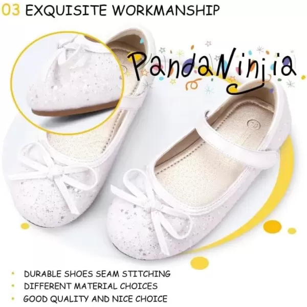 imagePANDANINJIA Toddler Dress Shoes Bowknot Mary Jane Shoes Girls Ballet Flats for Kids Wedding Party Uniform Church ShoesL White Sequin