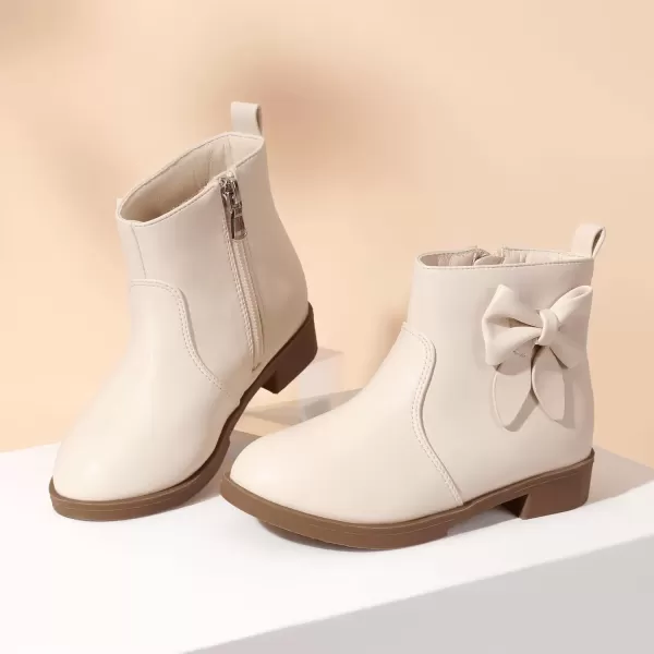 imagePANDANINJIA ToddlerLittle Kid Girls Sofia Sweet Short Ankle Boots Bowknot Side Zipper Dress BootiesA Beige Pu