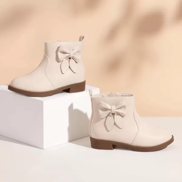 imagePANDANINJIA ToddlerLittle Kid Girls Sofia Sweet Short Ankle Boots Bowknot Side Zipper Dress BootiesA Beige Pu