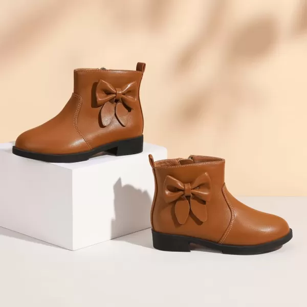 imagePANDANINJIA ToddlerLittle Kid Girls Sofia Sweet Short Ankle Boots Bowknot Side Zipper Dress BootiesA Brown Pu