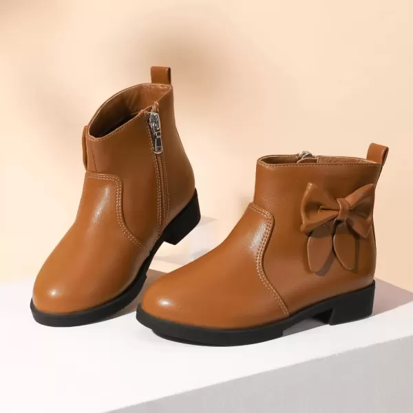 imagePANDANINJIA ToddlerLittle Kid Girls Sofia Sweet Short Ankle Boots Bowknot Side Zipper Dress BootiesA Brown Pu