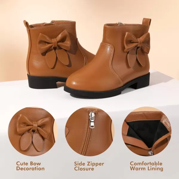imagePANDANINJIA ToddlerLittle Kid Girls Sofia Sweet Short Ankle Boots Bowknot Side Zipper Dress BootiesA Brown Pu
