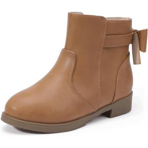 imagePANDANINJIA Girls Boots Toddler Kids Fashion Short Ankle Dress Bow Booties with Side Zipper BootsBrown Pu