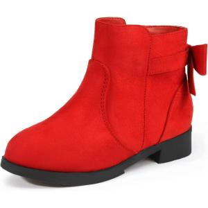 imagePANDANINJIA Girls Boots Toddler Kids Fashion Short Ankle Dress Bow Booties with Side Zipper BootsRed Suede 01