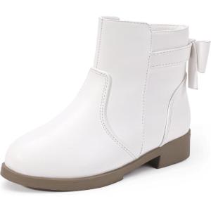 imagePANDANINJIA Girls Boots Toddler Kids Fashion Short Ankle Dress Bow Booties with Side Zipper BootsWhite Pu