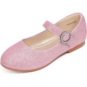 imagePANDANINJIA Sarena Girls Dress Shoes Rhinestone Flower Girl Ballerina Ballet Flats Mary Jane Wedding Party School Shoes for Toddler Little Kid Big KidPink Glitte