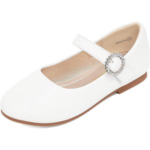 imagePANDANINJIA Sarena Girls Dress Shoes Rhinestone Flower Girl Ballerina Ballet Flats Mary Jane Wedding Party School Shoes for Toddler Little Kid Big KidWhite Pu
