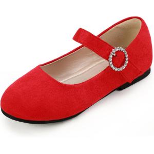 imagePANDANINJIA Sarena Girls Dress Shoes Rhinestone Flower Girl Ballerina Ballet Flats Mary Jane Wedding Party School Shoes for Toddler Little Kid Big KidRed Suede