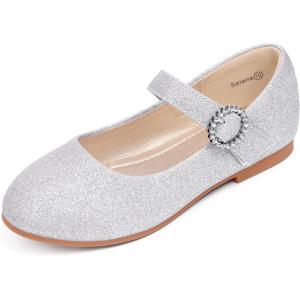 imagePANDANINJIA Sarena Girls Dress Shoes Rhinestone Flower Girl Ballerina Ballet Flats Mary Jane Wedding Party School Shoes for Toddler Little Kid Big KidSilver Glitter