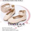 imagePANDANINJIA Flower Girl Dress Shoes Girls Ballet Flats Pearls Bow Mary Jane Ankle Strap Wedding Party Shoes for Toddler Little Big KidBeige Pu