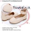 imagePANDANINJIA Flower Girl Dress Shoes Girls Ballet Flats Pearls Bow Mary Jane Ankle Strap Wedding Party Shoes for Toddler Little Big KidBeige Pu