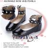 imagePANDANINJIA Flower Girl Dress Shoes Girls Ballet Flats Pearls Bow Mary Jane Ankle Strap Wedding Party Shoes for Toddler Little Big KidBlack Patent