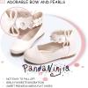 imagePANDANINJIA Flower Girl Dress Shoes Girls Ballet Flats Pearls Bow Mary Jane Ankle Strap Wedding Party Shoes for Toddler Little Big KidIvory Silk
