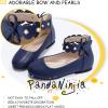 imagePANDANINJIA Flower Girl Dress Shoes Girls Ballet Flats Pearls Bow Mary Jane Ankle Strap Wedding Party Shoes for Toddler Little Big KidNavy Pu