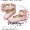 imagePANDANINJIA Flower Girl Dress Shoes Girls Ballet Flats Pearls Bow Mary Jane Ankle Strap Wedding Party Shoes for Toddler Little Big KidPink Pu