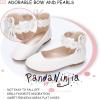 imagePANDANINJIA Flower Girl Dress Shoes Girls Ballet Flats Pearls Bow Mary Jane Ankle Strap Wedding Party Shoes for Toddler Little Big KidWhite Pu 01