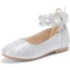 imagePANDANINJIA Flower Girl Dress Shoes Girls Ballet Flats Pearls Bow Mary Jane Ankle Strap Wedding Party Shoes for Toddler Little Big KidSilver Glitter