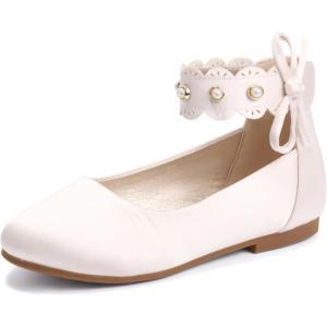 imagePANDANINJIA Flower Girl Dress Shoes Girls Ballet Flats Pearls Bow Mary Jane Ankle Strap Wedding Party Shoes for Toddler Little Big KidIvory Silk