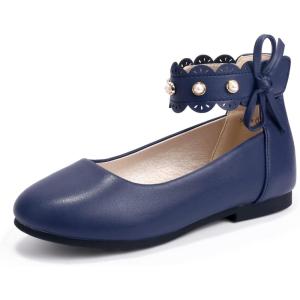 imagePANDANINJIA Flower Girl Dress Shoes Girls Ballet Flats Pearls Bow Mary Jane Ankle Strap Wedding Party Shoes for Toddler Little Big KidNavy Pu