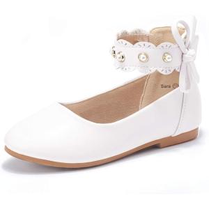 imagePANDANINJIA Flower Girl Dress Shoes Girls Ballet Flats Pearls Bow Mary Jane Ankle Strap Wedding Party Shoes for Toddler Little Big KidWhite Pu 01