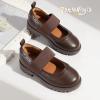 imagePANDANINJIA Toddler Girls Mary Jane School Shoes Kids Elastic Strap Platform Flats Dress ShoesBrown Pu