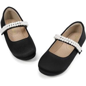 imagePANDANINJIA Flower Girl Shoes Toddler Little Kid Ballet Flats Pearls Wedding Party Mary Jane Girls Dress ShoesBlack Silk