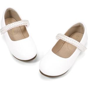 imagePANDANINJIA Flower Girl Shoes Toddler Little Kid Ballet Flats Pearls Wedding Party Mary Jane Girls Dress ShoesWhite Pu