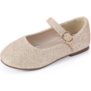 imagePANDANINJIA Girls Dress Shoes Flower Girl Ballet Pearl Flats Adela Wedding Party School for Toddler Little KidRena Gold Shiny