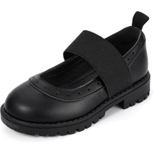 imagePANDANINJIA Toddler Girls Mary Jane School Shoes Kids Elastic Strap Platform Flats Dress ShoesBlack Pu
