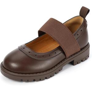 imagePANDANINJIA Toddler Girls Mary Jane School Shoes Kids Elastic Strap Platform Flats Dress ShoesBrown Pu