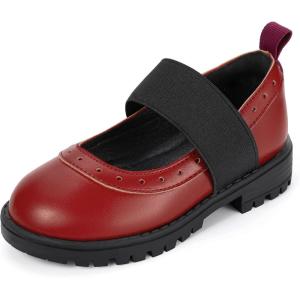 imagePANDANINJIA Toddler Girls Mary Jane School Shoes Kids Elastic Strap Platform Flats Dress ShoesRed Pu