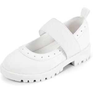 imagePANDANINJIA Toddler Girls Mary Jane School Shoes Kids Elastic Strap Platform Flats Dress ShoesWhite Pu