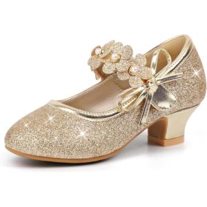 imagePANDANINJIA Girls Dress Shoes Kids Toddler Heels Pumps Flower Girl Mary Jane School Wedding Party Princess ShoesGold Glitter