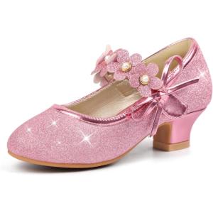 imagePANDANINJIA Girls Dress Shoes Kids Toddler Heels Pumps Flower Girl Mary Jane School Wedding Party Princess ShoesPink Glitter