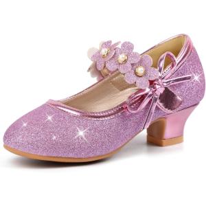 imagePANDANINJIA Girls Dress Shoes Kids Toddler Heels Pumps Flower Girl Mary Jane School Wedding Party Princess ShoesPurple Glitter