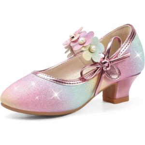 imagePANDANINJIA Girls Dress Shoes Kids Toddler Heels Pumps Flower Girl Mary Jane School Wedding Party Princess ShoesRainbow Glitter